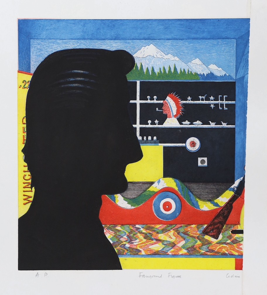 Cedric Horner (1937 - 2003), eight limited edition etchings, Plantation in Winter 29/50, Firework 6/50, The Visit 19/50, Christmas Tree 2/25 and 14/25, Fairground Figure, together with a figure sketch (8)